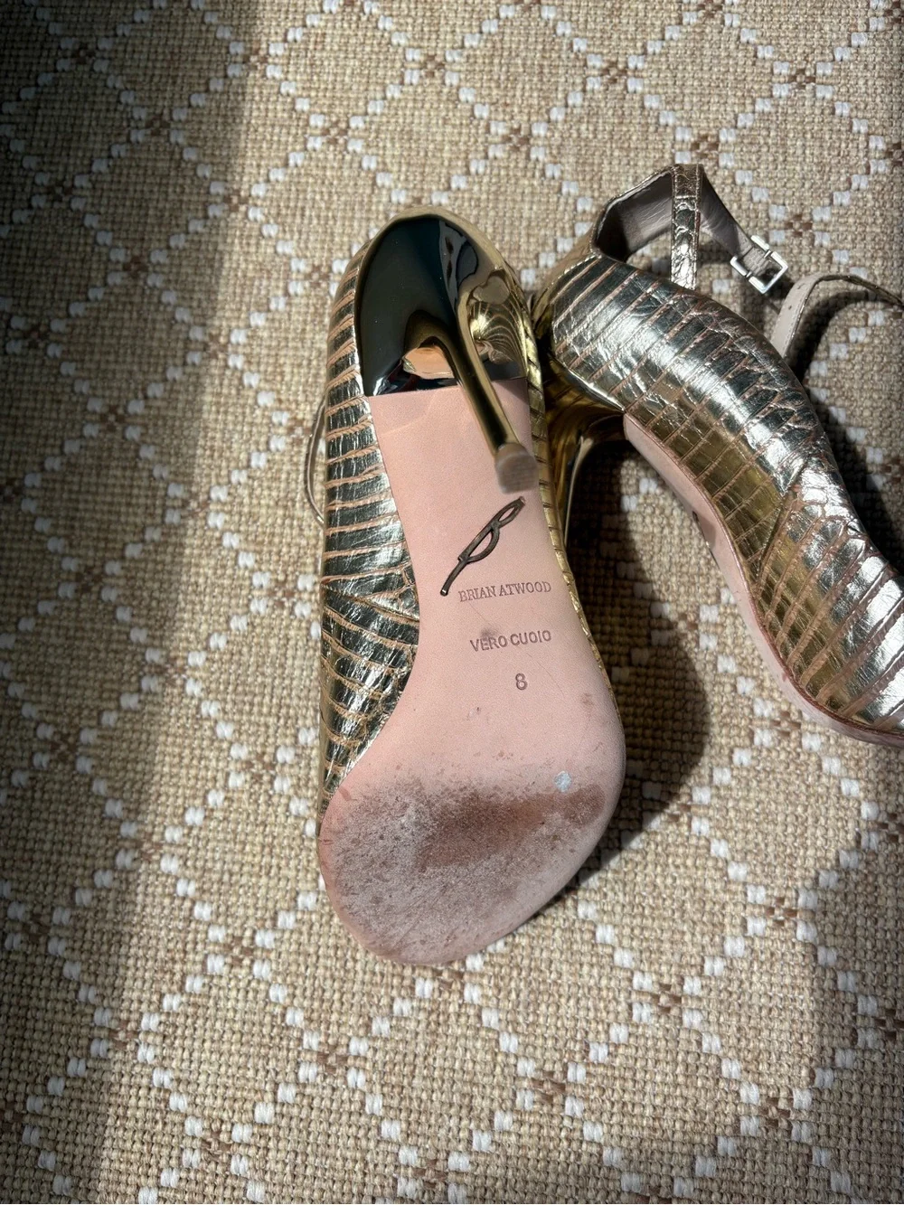 Brian Atwood Metallic Gold Peep-Toe Slingback Heels
